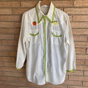 60s 70s Levi’s Fresh Produce ? Linen Blend Knit Fruit Embroidered Hippy Shirt L